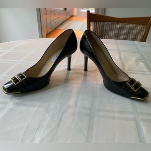 Jimmy Choo black patent leather shoes with gold buckles, 3in heel, Size EU 36.5